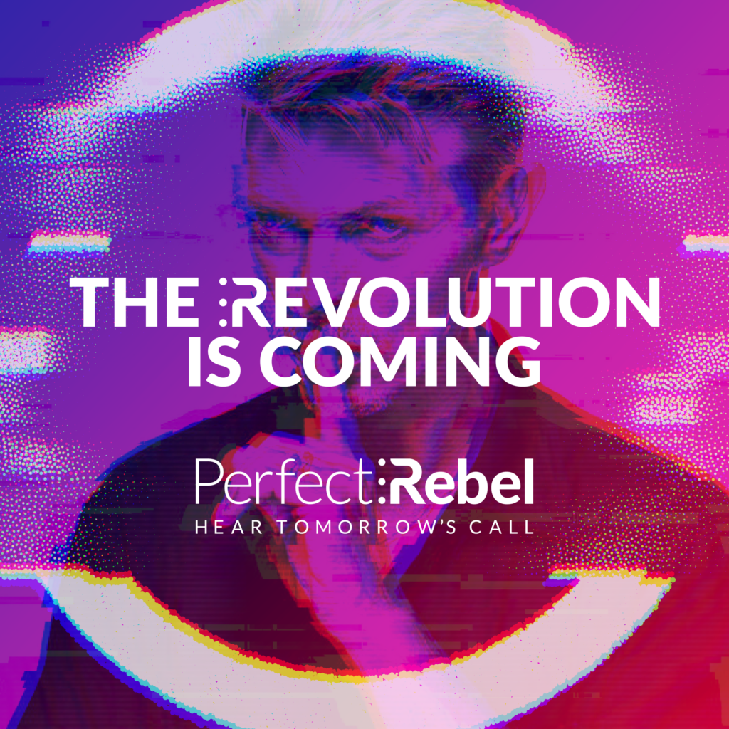 Image of David Bowie behind a call out "The Revolution is Coming"